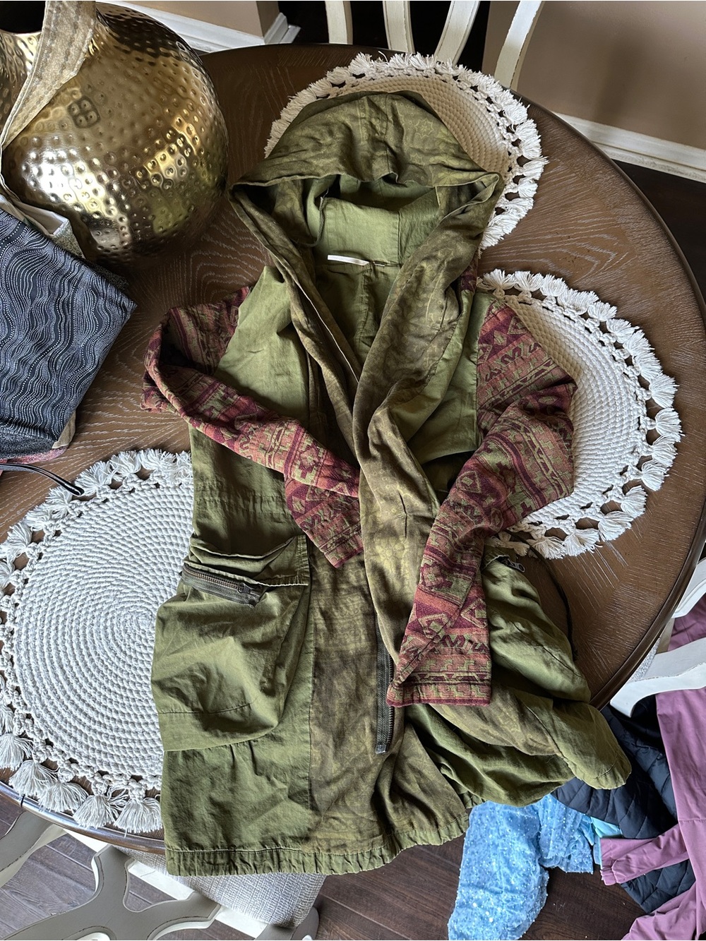 Free People Printed Parka Olive Green Hooded Jacket XS OVERSIZED